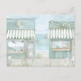 Postal paisaje costero azul claro y blanco