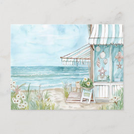 Postal paisaje costero azul claro y blanco