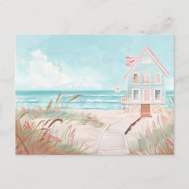 Postal paisaje costero azul claro y blanco (Anverso)
