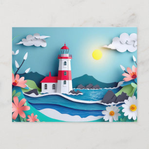 Postal paisaje costero con un estilo de papelería faro