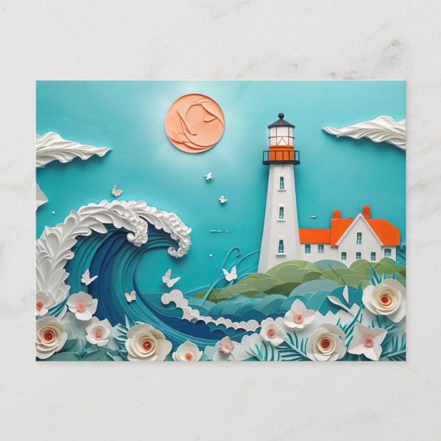 Postal paisaje costero con un estilo de papelería faro (Anverso)