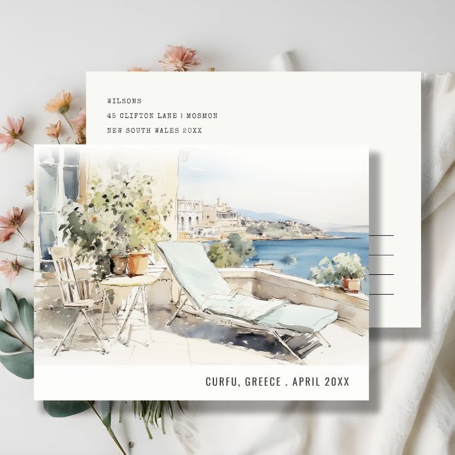 Postal Paisaje de acuarela de viaje de Corfú Grecia (Subido por el creador)