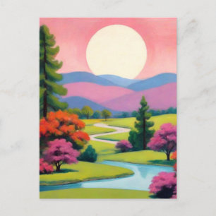 Postal Paisaje de arte rosa colorido