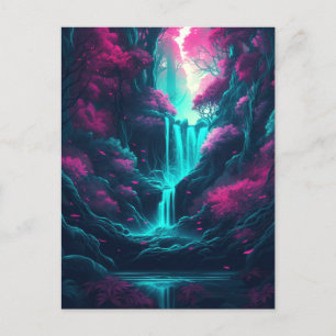 Postal Paisaje de cascada Bosque Fantasía Azul Rosa