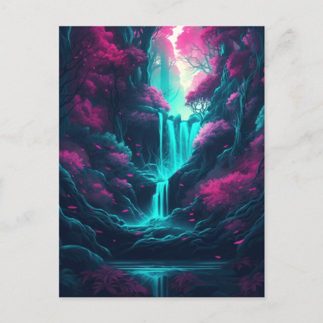 Postal Paisaje de cascada Bosque Fantasía Azul Rosa (Anverso)
