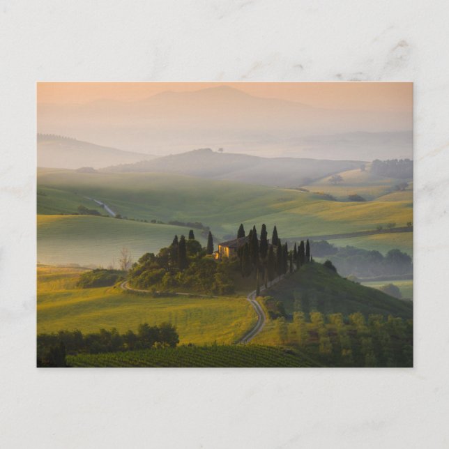 Postal paisaje de colinas de Toscana al amanecer (Anverso)