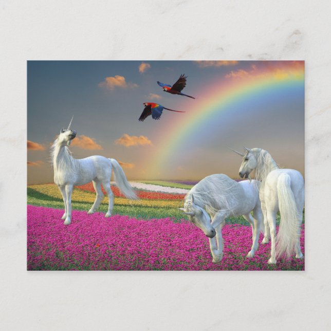 Postal Paisaje de flores de arcoiris de Unicornio (Anverso)