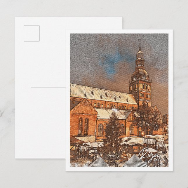 Postal Paisaje de la ciudad de Riga Letonia con lápiz de  (Anverso / Reverso)