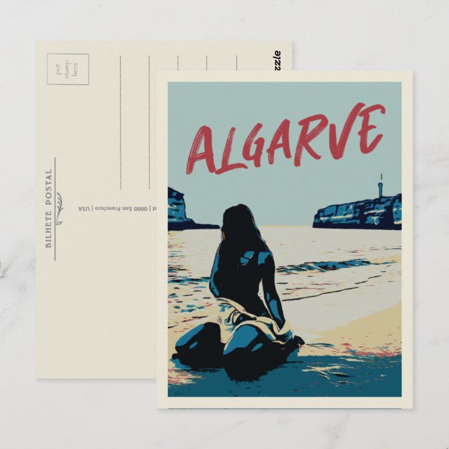 Postal Paisaje de la playa de Algarve ilustracion Portuga (Anverso / Reverso)
