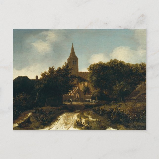 Postal Paisaje de madera con figuras cerca de una iglesia (Anverso)
