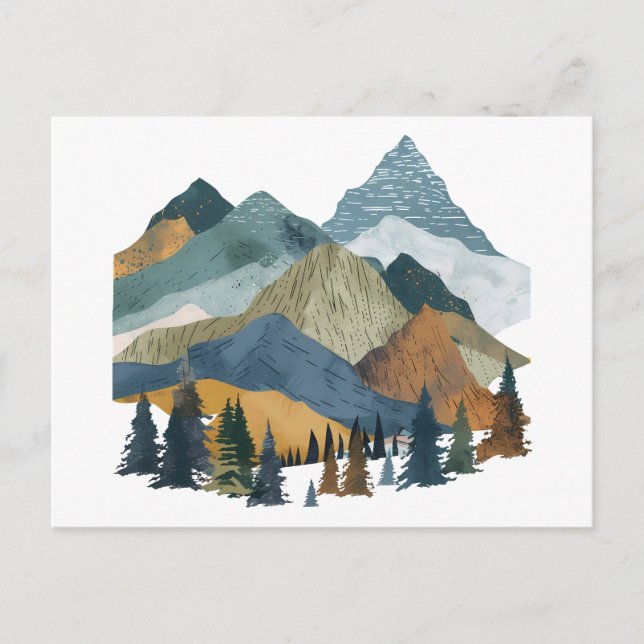 Postal Paisaje de montaña Boho con diseño de pinos (Anverso)
