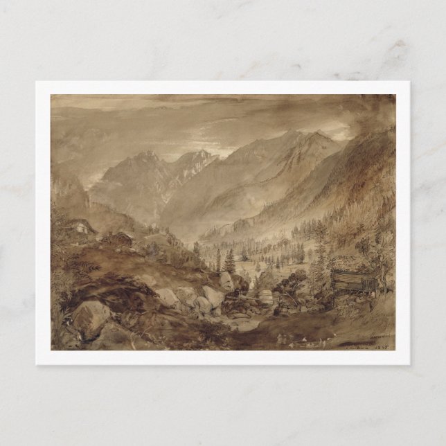 Postal Paisaje de montaña, Macugnaga, 1845 (pluma y marró (Anverso)