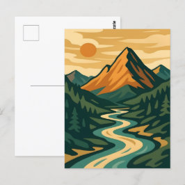 Postal Paisaje de montaña Retro Ilustracion Azul Rojo