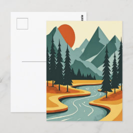 Postal Paisaje de montaña Retro Ilustracion Azul Rojo