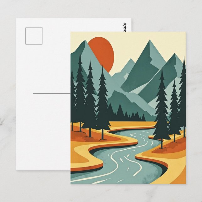 Postal Paisaje de montaña Retro Ilustracion Azul Rojo (Anverso / Reverso)