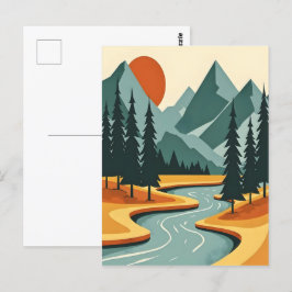 Postal Paisaje de montaña Retro Ilustracion Azul Rojo