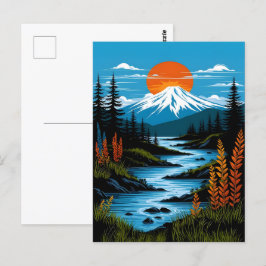 Postal Paisaje de montaña Retro Ilustracion Azul Rojo