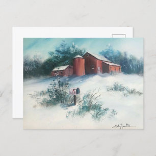 Postal Paisaje de nieve pintura Rústica Farm Postcard