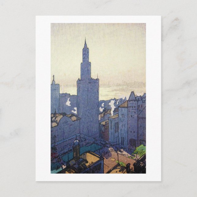 Postal Paisaje de Nueva York, Hiroshi Yoshida, Woodcut (Anverso)