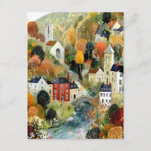 Postal Paisaje de pueblo otoñal estilo acuarela