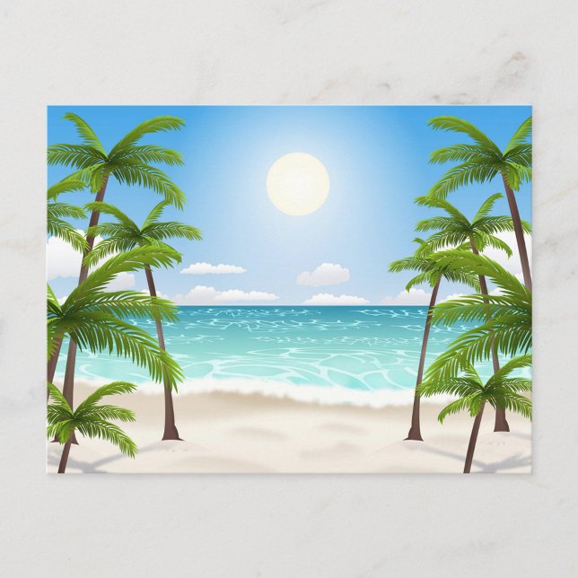 Postal Paisaje de verano (A cartoon illustration of a tropical beach scene, featuring a bright blue sky with a radiant sun.)