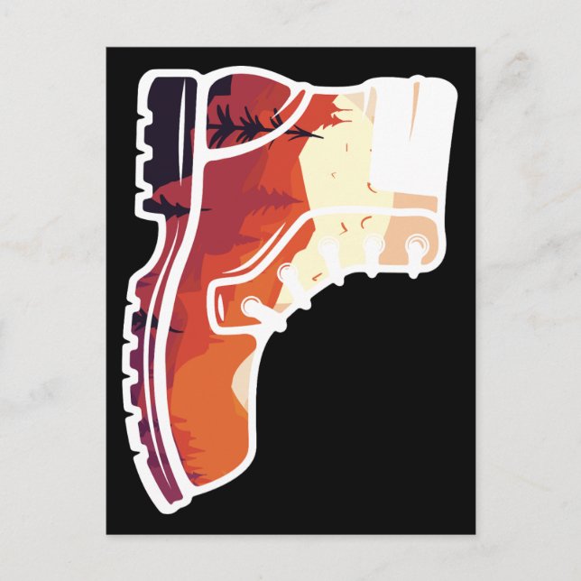 Postal Paisaje de zapatos de excursión retro - atardecer  (Anverso)