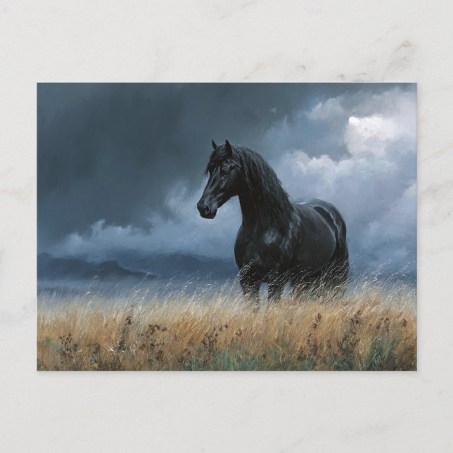 Postal Paisaje dramático del Stallion Friesiano Negro (Anverso)