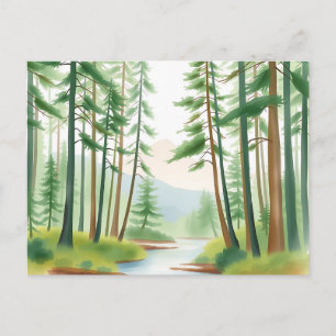 Postal Paisaje forestal sereno en acuarela