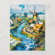 Paisaje holandés con molinos de viento y canal