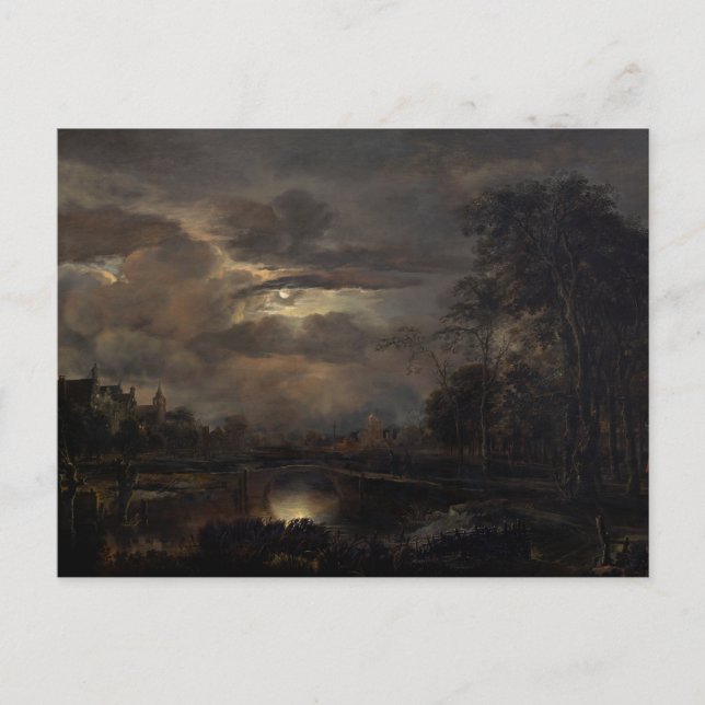 Postal Paisaje iluminado por luna con puente (Anverso)