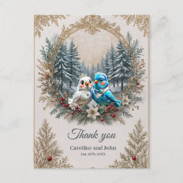 Postal Paisaje invernal con una linda pareja de bodas de 