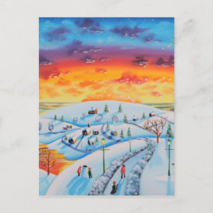 Postal Paisaje invernal del arte folclórico de la ciudad 