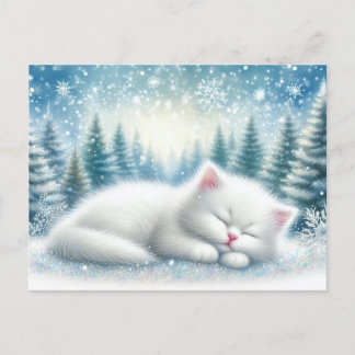 Postal Paisaje invernal festivo con Navidades gatos blanc