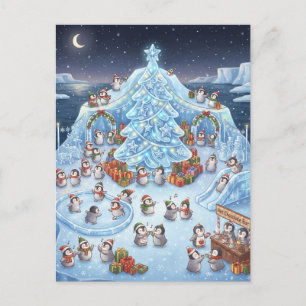 Postal Paisaje invernal mágico con adorables pingüinos