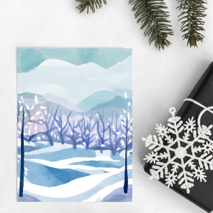 Postal Paisaje invernal pintura de acuarela azul nevada