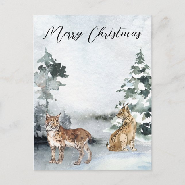 Postal Paisaje invernal Watercolor Bobcat Lynx Navidades (Anverso)