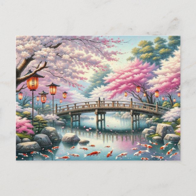 Postal Paisaje japonés con árboles de Bridge, Koi y Sakur (Anverso)
