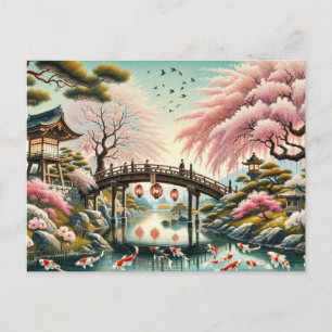 Postal Paisaje japonés con árboles de Bridge, Koi y Sakur