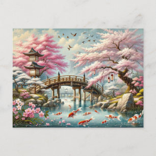 Postal Paisaje japonés con puente, koi y árboles de sakur