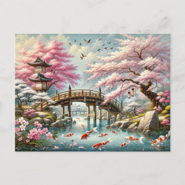 Postal Paisaje japonés con puente, koi y árboles de sakur (Anverso)