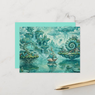 Postal Paisaje marino surreal de ensueño en verde cian