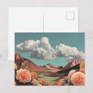 Postal Paisaje montañoso floral surrealista con nubes dra