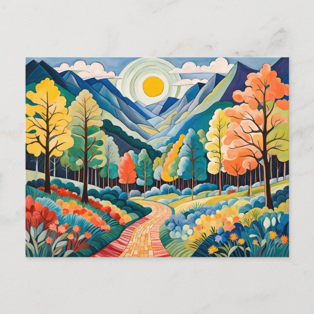 Postal Paisaje montañoso otoñal con sendero (Anverso)