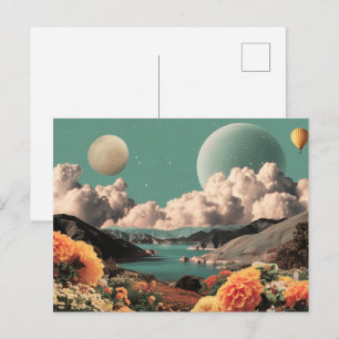 Postal Paisaje Montañoso Surrealista con Planetas y Nubes