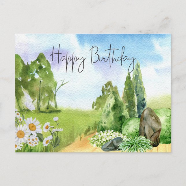 Postal Paisaje natural feliz cumpleaños y flores de marga (Anverso)