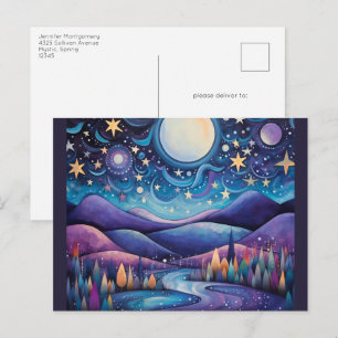 Postal Paisaje nocturno caprichoso con luna grande