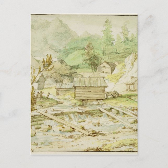 Postal Paisaje nórdico con cabaña de madera y Weir (Anverso)