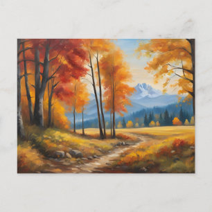 Postal Paisaje otoñal con árboles Naranjas y montañas