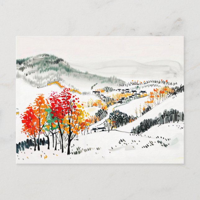 Postal Paisaje otoñal con pueblo de montaña (Anverso)