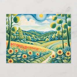 Postal Paisaje Pastel con Campos de Girasol y Ruta